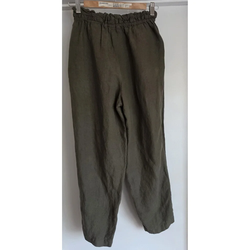 H&M Womens Linen Blend Pants Size S Olive Green Cropped Trousers Slacks